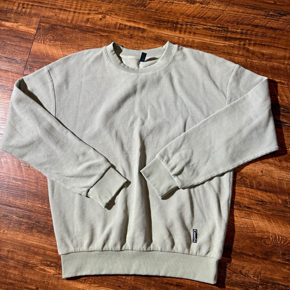 Comfrt Men's Green Waffle Knit Crewneck Pullover Sweatshirt Size Medium